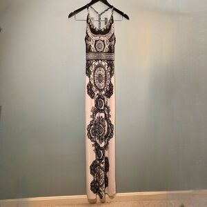 Black & White Vertical Tribal Design Strappy Twist Back Maxi Dress